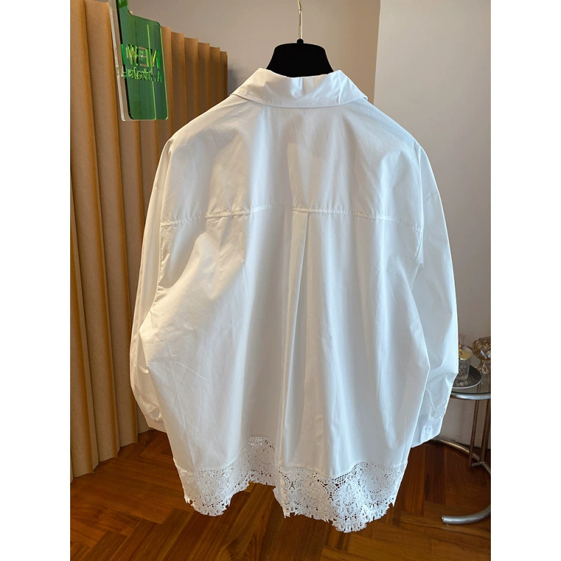Белая кружевная весенняя хлопковая рубашка oversize