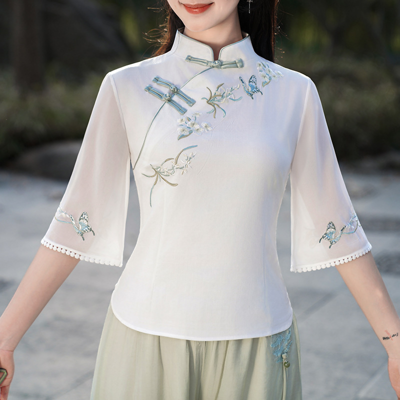 良質中国風夏綿とリネン半袖刺繍スタンドカラースリムレトロ文学茶服トップスーツ|undefined