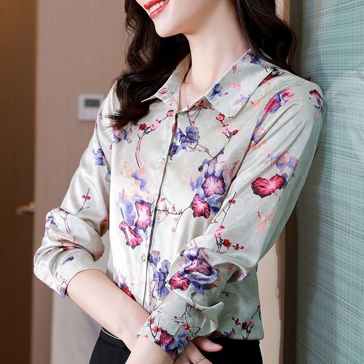真丝衬衫女上衣春秋装新款韩版修身大码长袖桑蚕丝印花衬衣女新品|undefined
