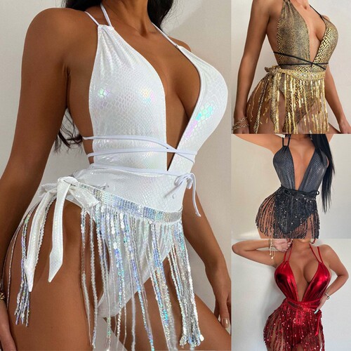Foreign trade swimsuit women's new European and American sexy deep V swimsuit ins style tassel performance suit one-piece swimsuit wholesale