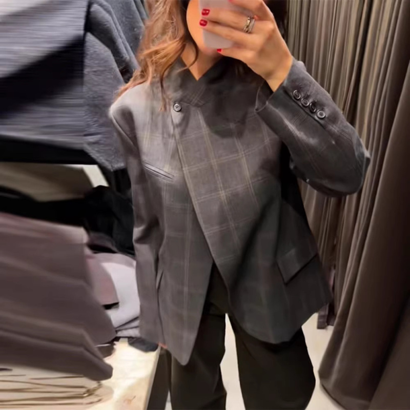 Cross-Border New Chinese-Style Stand-Collar Single-Breasted Loose Plaid Design Retro Commuter Style Blazer for Women Spring and Autumn Cross-Border New Chinese-Style Stand-Collar Single-Breasted Loose Plaid Design Retro Commuter Style Blazer for Women Spring and Autumn