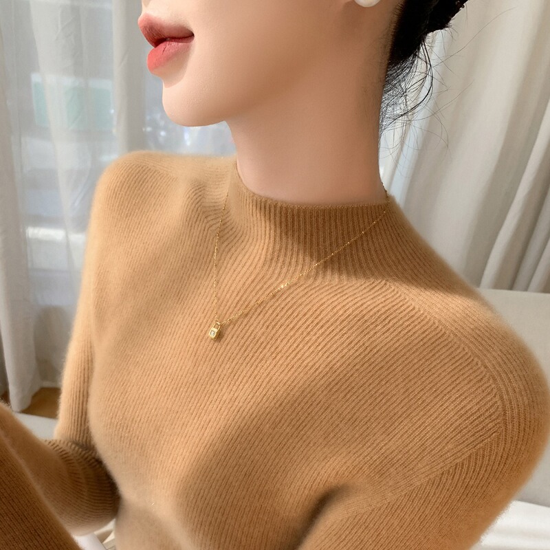 [First-Line Ready-To-Wear. Fully Seamless] Cashmere Sweater Women's Slim Sweater Half Turtleneck Striped Knitted Bottoming Shirt