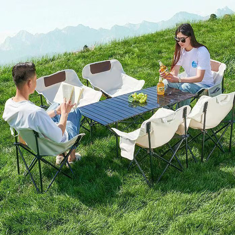 Outdoor Table and Chair Set, Complete Outdoor Folding Camping Table and Moon Chair Set