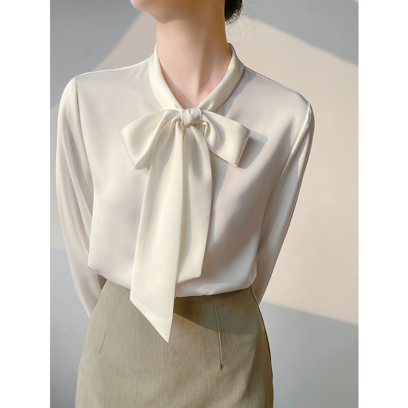 2026 Early Spring New Style High-End Satin Professional Workwear Bow Tie Ribbon Shirt for Women, Elegant and Slimming Top