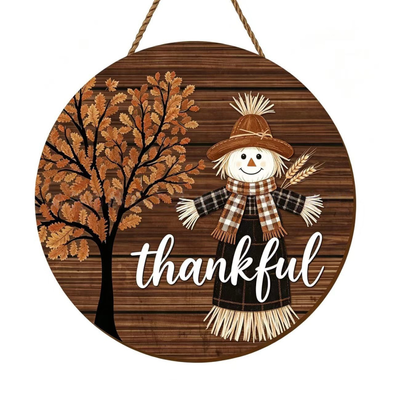 Cross-Border Autumn Creative Thanksgiving Scarecrow Wooden Welcome Door Sign Farmhouse Wall Decoration Wooden Hanging Ornament
