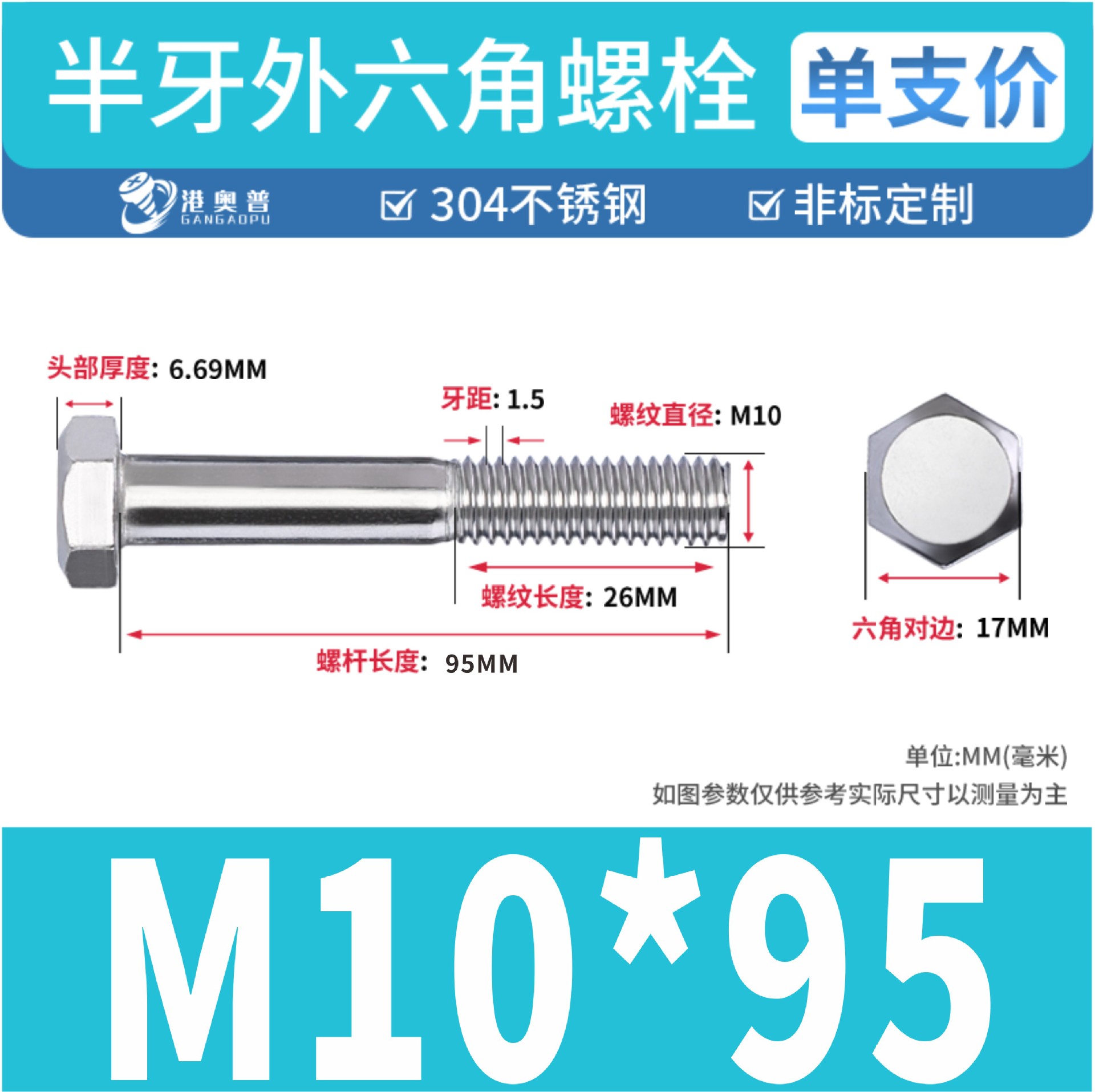 Tornillos hexagonales de media rosca, acero inoxidable 304