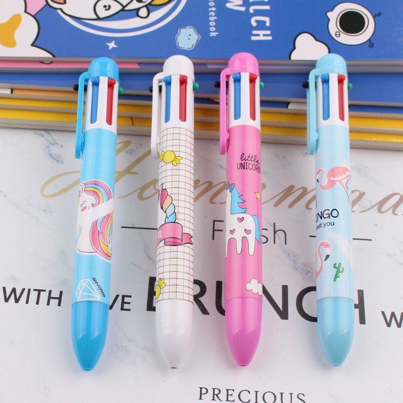 Venta al por mayor de dibujos animados de seis colores bolígrafo para estudiantes de escuela primaria lindo multi-color push pen niños color pluma regalo de recompensa