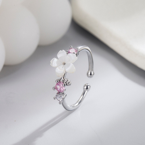 Shell cherry blossom temperament ring for women niche design small fresh diamond inlaid simple Korean version sweet forest style hipster fashion