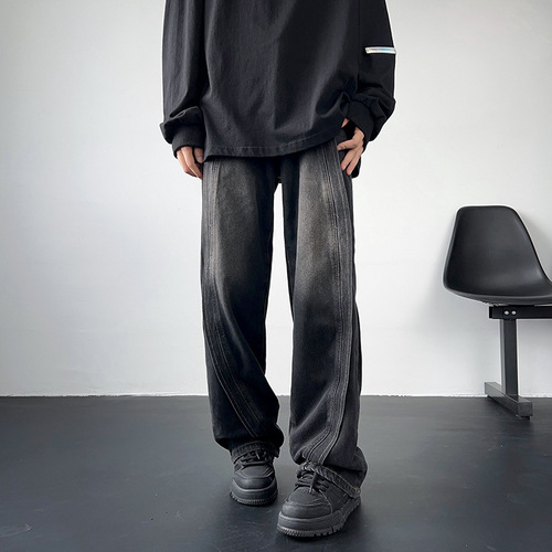 Vintage Black Gradient Denim Jeans for Men - Spring and Autumn Streetwear, Washed and Distressed, Loose Straight Leg Pants, Niche Pants