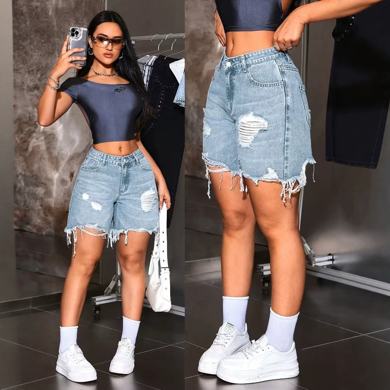 Cross-Border European and American Style Ripped Frayed Denim Shorts for Women, High-Waisted, Loose Fit, Washed and Distressed, Versatile for Summer, with Tassels, Five-Point Length