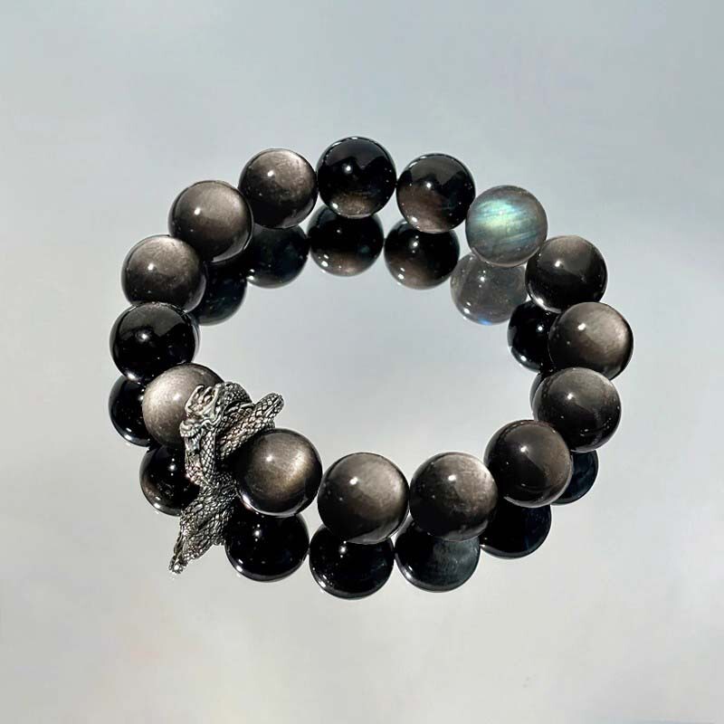 Dragon Year of the Dragon Bracelet Snake Transfer Retro Natural Black Silver Obsidian Crystal Bracelet Beads Get Rich Men's Gift Dragon Year of the Dragon Bracelet Snake Transfer Retro Natural Black Silver Obsidian Crystal Bracelet Beads Get Rich Men's Gift