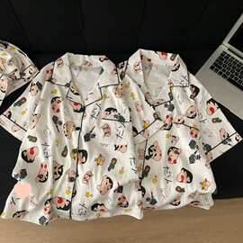 日系蜡笔小新卡通可爱情侣云朵绵短袖短裤睡衣男女大码家居服套装