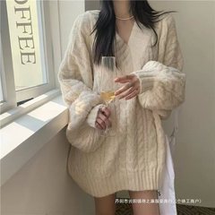 韩系少女复古慵懒风领麻花毛衣女秋冬针织衫套头外套宽松春上衣