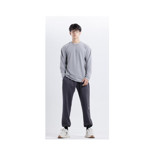 280g Heavyweight Collarless V-Neck Anti-Wrinkle Quick-Dry Long Sleeve Loose Training Fitness Sport T-Shirt for Men