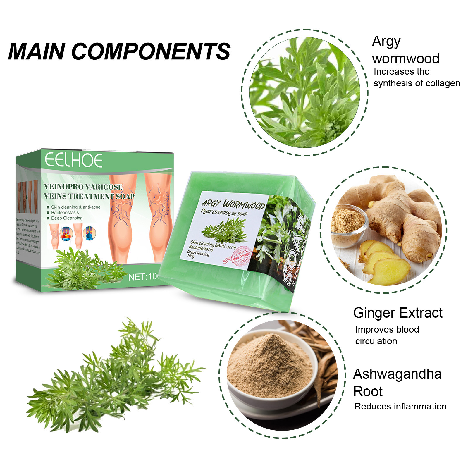 Massaggio endovenoso Eelhoe con sapone per lenire le varici, alleviare le sporgenze nelle gambe dei lombrichi e pulire il polso_voghion.com