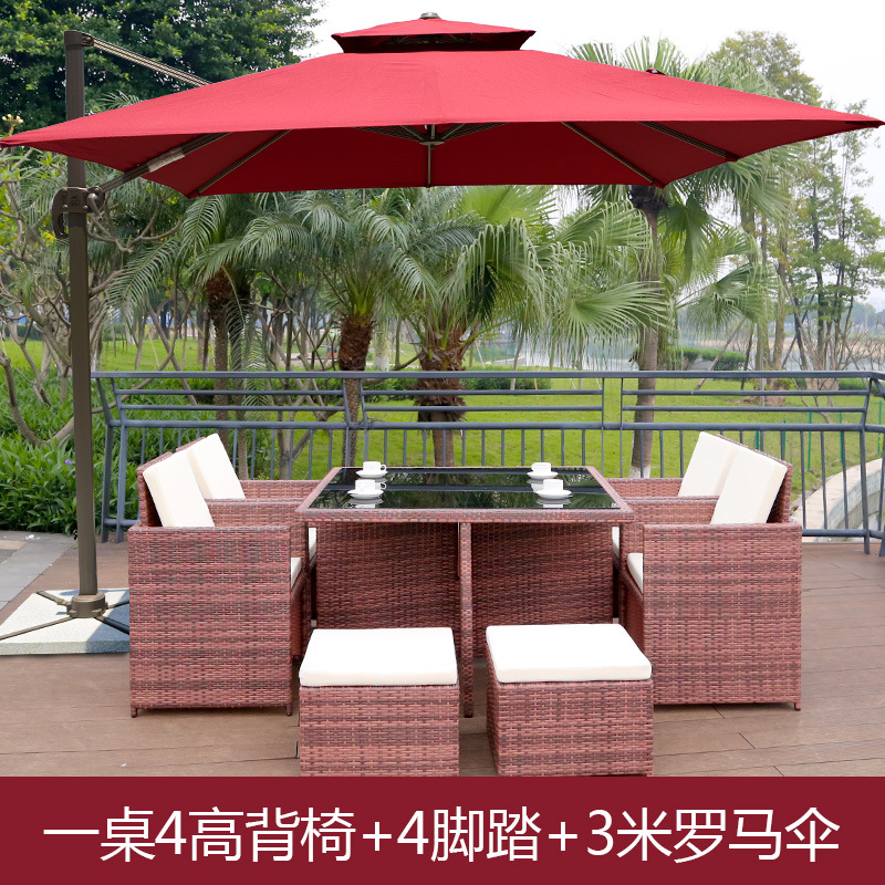 Mesa y silla al aire libre Villa patio jardín ocio silla de caña combinación impermeable al aire libre tabla de té de caña con paraguas