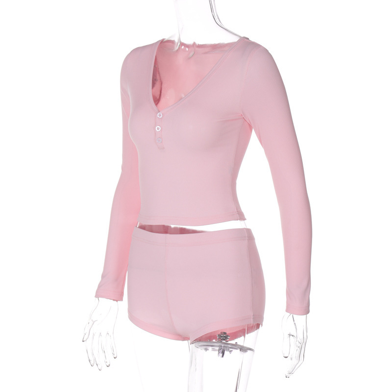European And American Women's Sexy Low-Cut V-Neck Tight-Fitting Long-Sleeve Top Fashion Sports Style Ultra-Short Pants_ecoleips.com