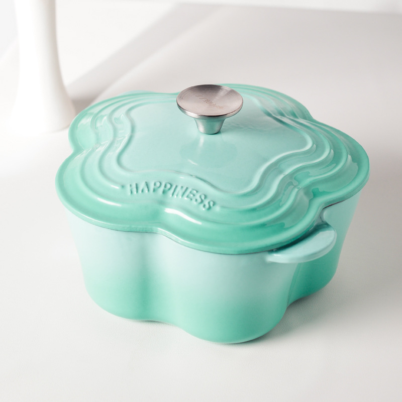 Pequeña Felicidad olla de esmalte de hierro fundido olla de sopa de pétalos esmalte engrosado olla de guiso pequeña olla de sopa doméstica olla antiadherente Cocina de Inducción