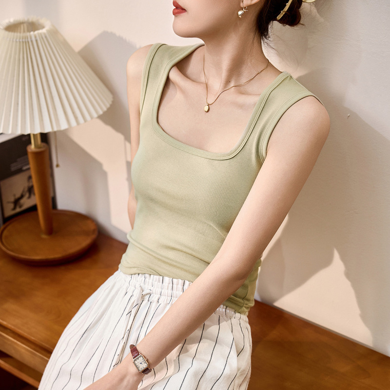 # 260g Ecocos, Genuine Quality #   Breast-Covering Wide-Shoulder Camisole for Women, Summer Square-Neck High-Waisted Short Top