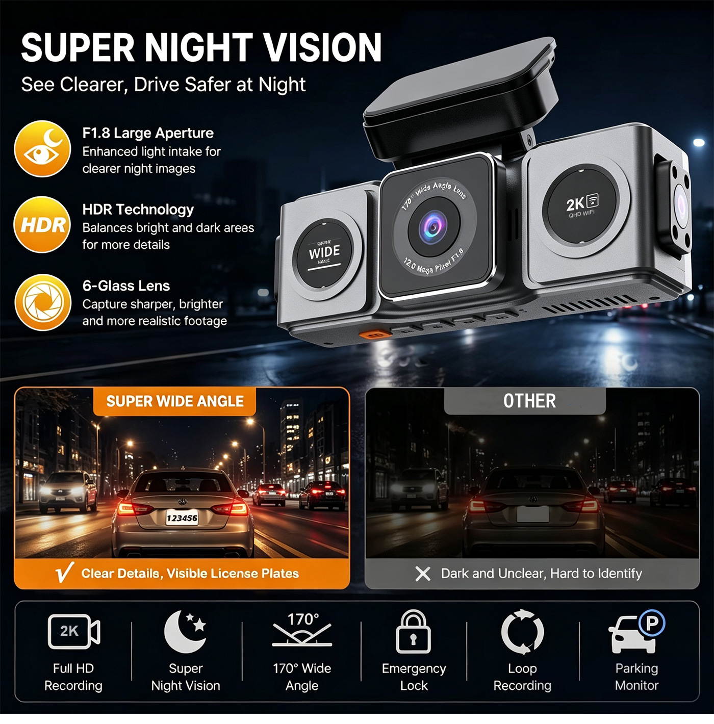 Cross-border five-lens dashcam with high-definition 2K wide-angle night vision, WiFi, front and rear in-car recording device