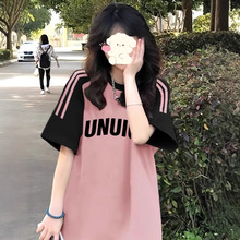 美式纯棉三条杠插肩短袖t恤女大童夏季初中高中学生宽松半袖上衣