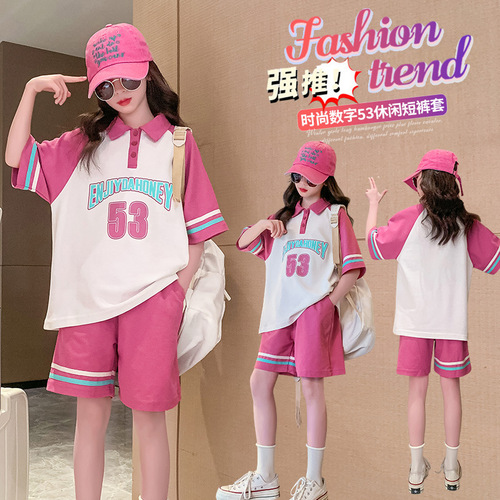 Girls Summer Polo Shirt Lapel Set  New Medium and Large Children's Style Loose Splicing Sports Two-piece Trendy Set