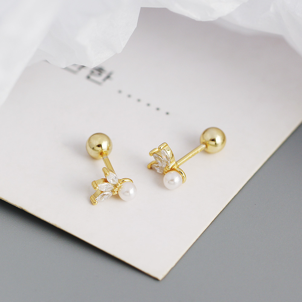 Shopping Occasion 925 Sterling Silver Material 1 Pair 925 Sterling Silver Artificial Pearls Zircon Geometric Ear Studs