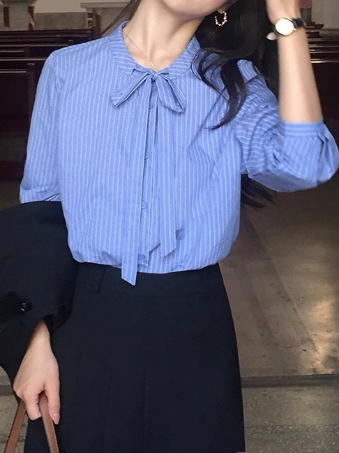 转角街头 蓝色蝴蝶结绑带条纹衬衫女长袖衬衣气质上衣|undefined