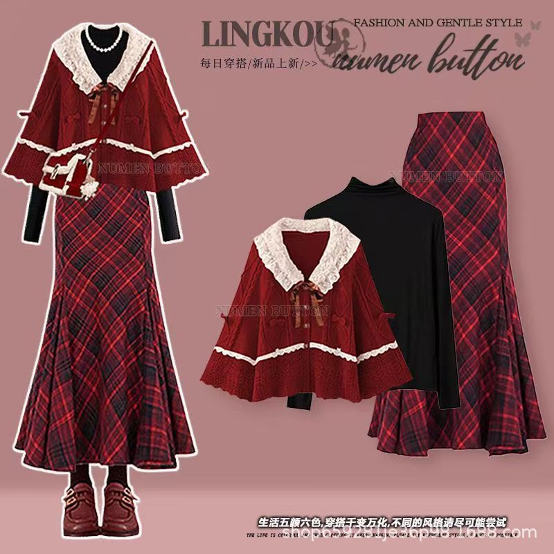 Plus-Size Autumn and Winter Stunning Outfit for Women: Red Christmas Sweater, Youthful Plaid Fishtail Skirt, Three-Piece Set Plus-Size Autumn and Winter Stunning Outfit for Women: Red Christmas Sweater, Youthful Plaid Fishtail Skirt, Three-Piece Set
