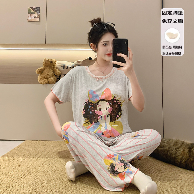 Pijamas de algodón modal para niñas dopamina, pantalones de manga corta de verano para mujer, lindo traje de tres piezas con almohadilla para el pecho, servicio a domicilio