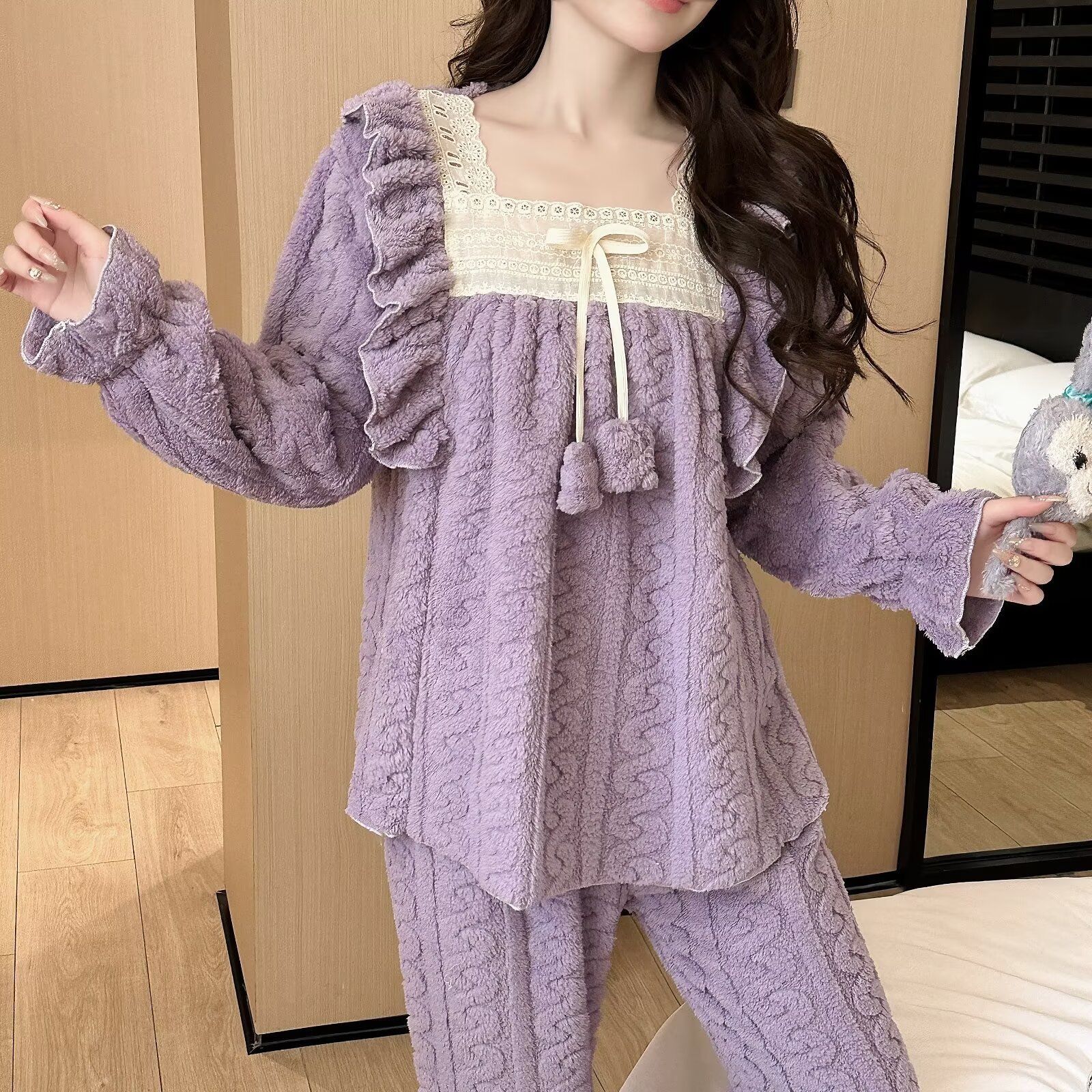 Jacquard de flanel encaje princesa cuello cuadrado pijama de invierno mujer arco cálido conjunto de ropa para el hogar
