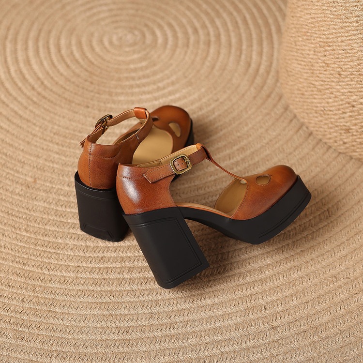Sandal nữ đế xuồng platform gót vuông phong cách vintage khóa kim loại — màu nâu, màu đen chi tiết 27