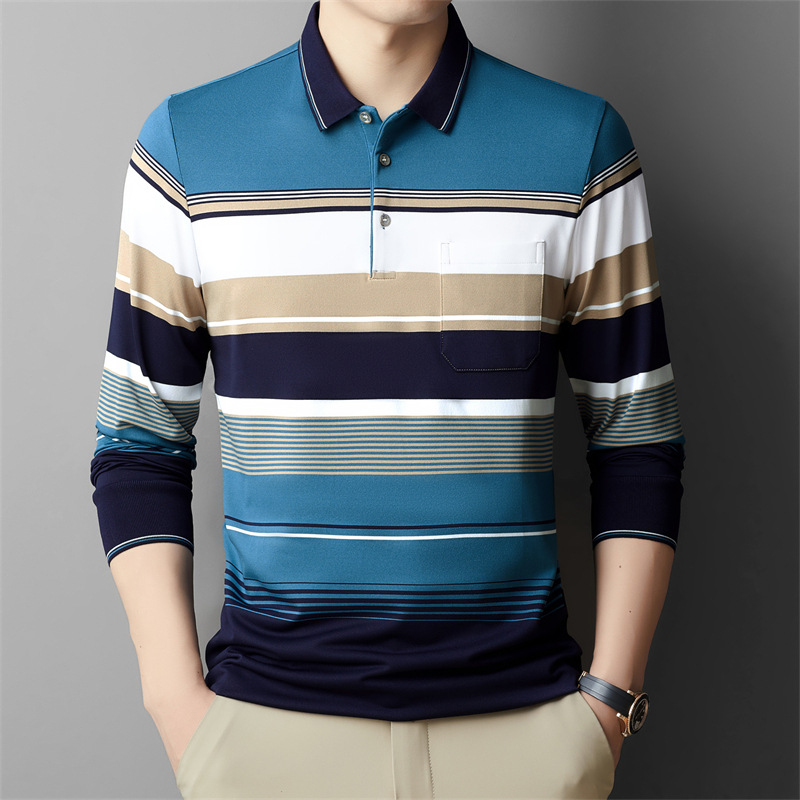 Yingao Spring and Autumn Men's Striped Long-Sleeve Polo Shirt, Loose Fit, Middle-Aged Business Style, Turn-Down Collar, Dad's Clothing, Cross-Border Men's T-Shirt