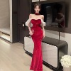 One line neckline evening gown off shoulder dress