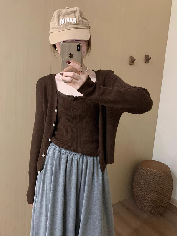 花边吊带两件套开衫上衣女2025夏季新款甜美气质简约风针织衫套装|undefined