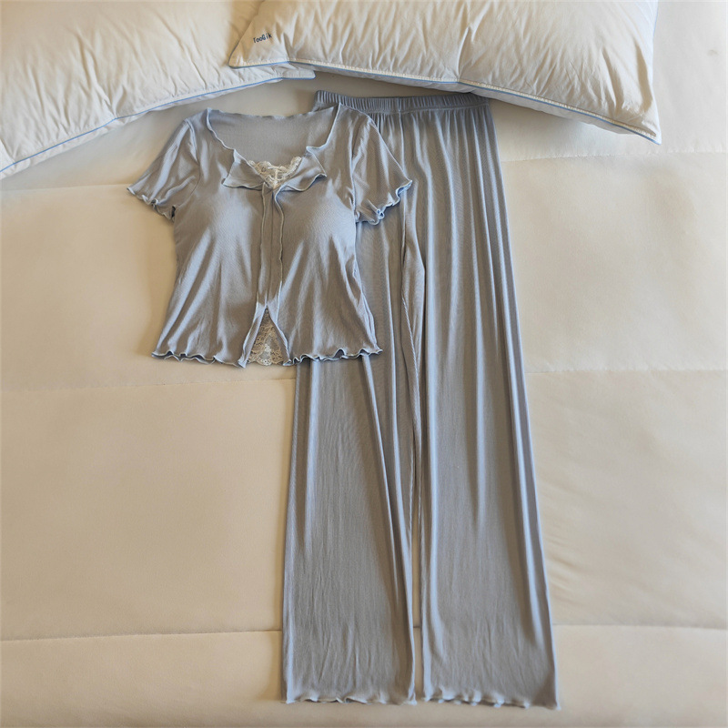 莫代爾睡衣女春夏季帶胸墊短袖長褲兩件套新款網紅風高級感家居服