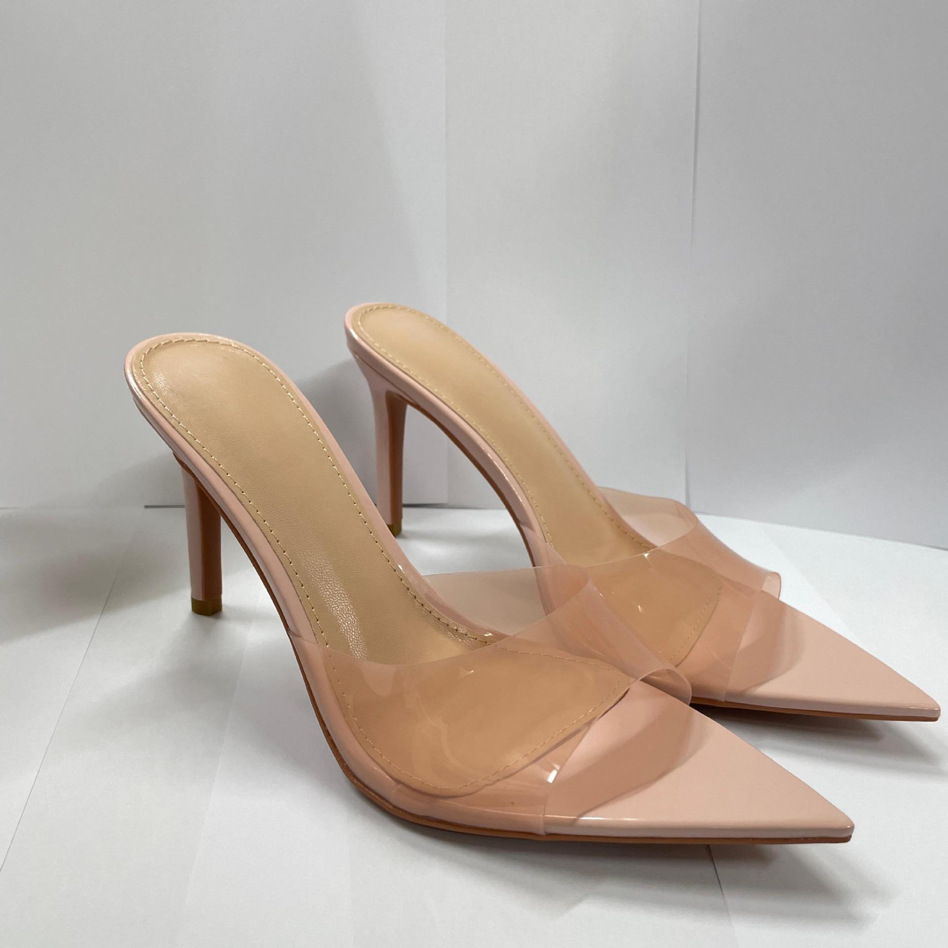 Sandalias de tacón alto de TPU de moda europea y americana de Guangdong Huizhou para mujer, verano 2025, punta abierta, tacón de aguja, punta puntiaguda y transpirable.