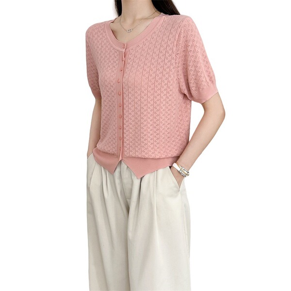 Summer solid knitted fashionable cardigan with a round collar