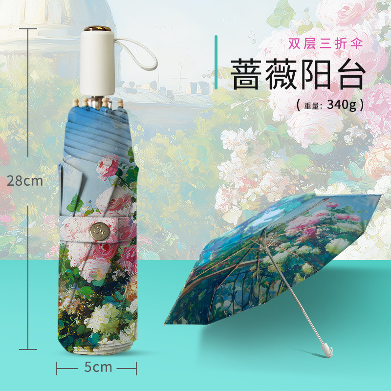 Double-Layer Manual Umbrella Collection, Double-Sided Printed Sun Protection and Uv Protection Umbrella, Dual-Use for Sun and Rain, Compact and Lightweight for Women