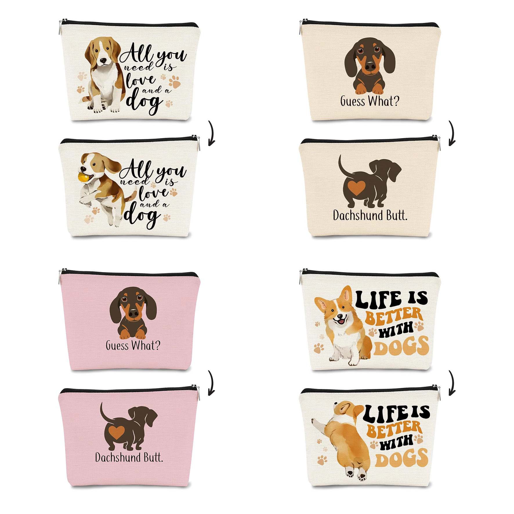 Bolso cosmético estampado de doble cara de perro lindo estilo explosivo transfronterizo de Amazon, bolso multifuncional con cremallera para mujer