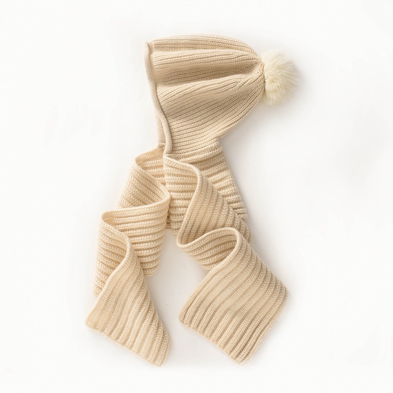 Autumn and winter cashmere one-piece hat and scarf for women, solid color ribbed design with large pom-pom, skin-friendly, neck protection for travel, cold-proof neck warmer