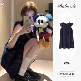 蓝色格纹飞飞袖吊带连衣裙女夏奶系甜美短款娃娃裙小个子无袖背心