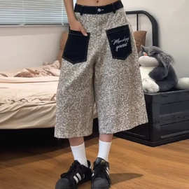 原创美式复古豹纹牛仔裤女秋季口袋设计高街垂感直筒长裤工厂批发