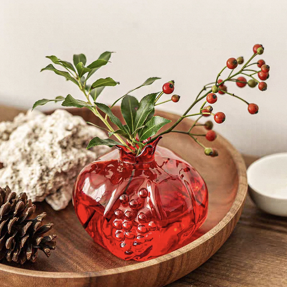 Florero de granada Decoración de vidrio rojo chino Adornos de alta gama Mini hogar Lujo ligero Mesa de comedor hidropónica Arreglo floral