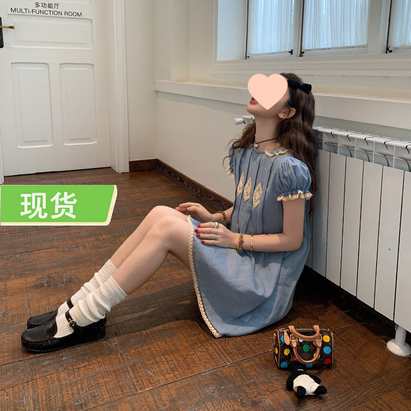 Le Rouge Zhou Meimei Blogger's Same Style Ramie Vintage Puff Sleeve Lace Trim Pleated Antique Dress Le Rouge Zhou Meimei Blogger's Same Style Ramie Vintage Puff Sleeve Lace Trim Pleated Antique Dress