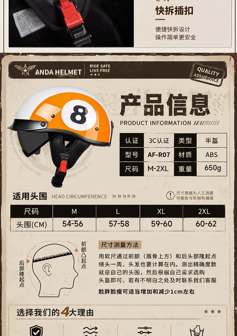 3C Retro Helmet Men's Motorcycle Half Helmet Scoop Helmet Cruiser Motorcycle Small Helmet Women's Electric Vehicle Safety Helmet Summer