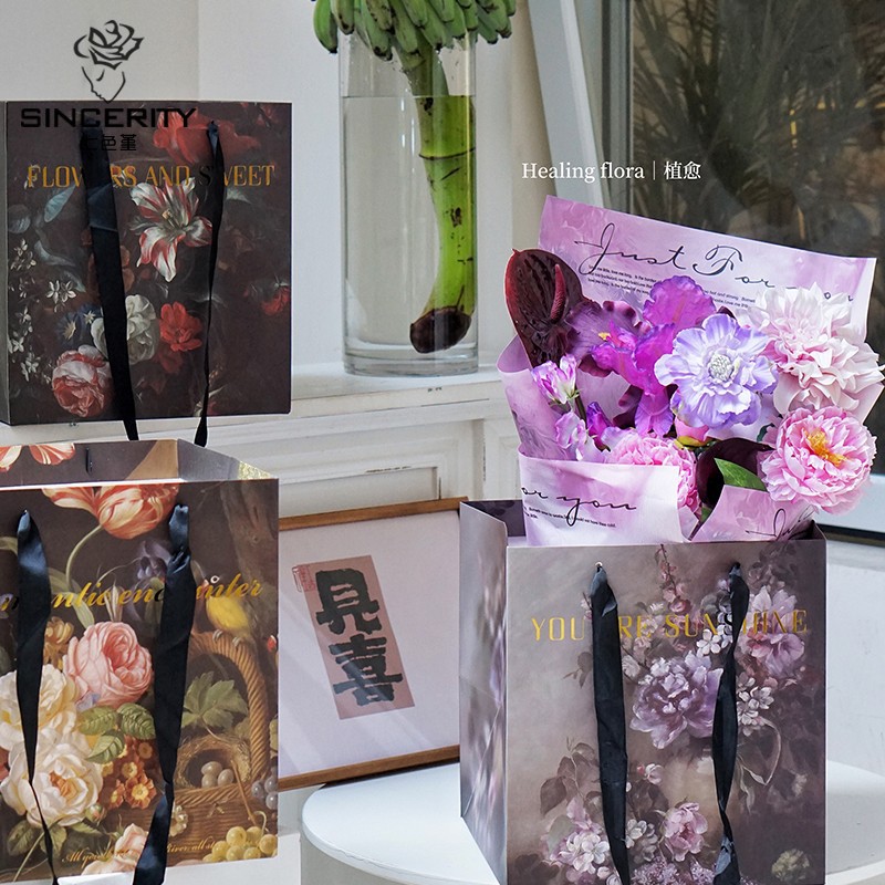 Siete colores Pansy dorado pintura al óleo Estilo Vintage bolso arreglo floral mano llevar bolsa de embalaje de flores regalo bolsa de embalaje de regalo