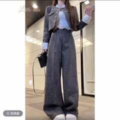 小雨姐姐满天星气质时尚小香风短款外套+休闲直筒高腰套裤女