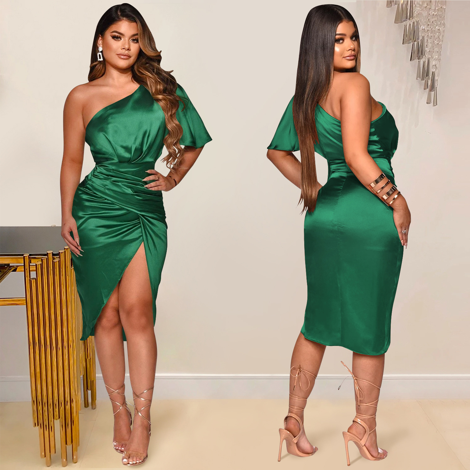 X5273 transfronterizo nuevo producto AliExpress Amazon moda europea y americana color sólido de las mujeres de un solo hombro split MIDI falda vestido image 3