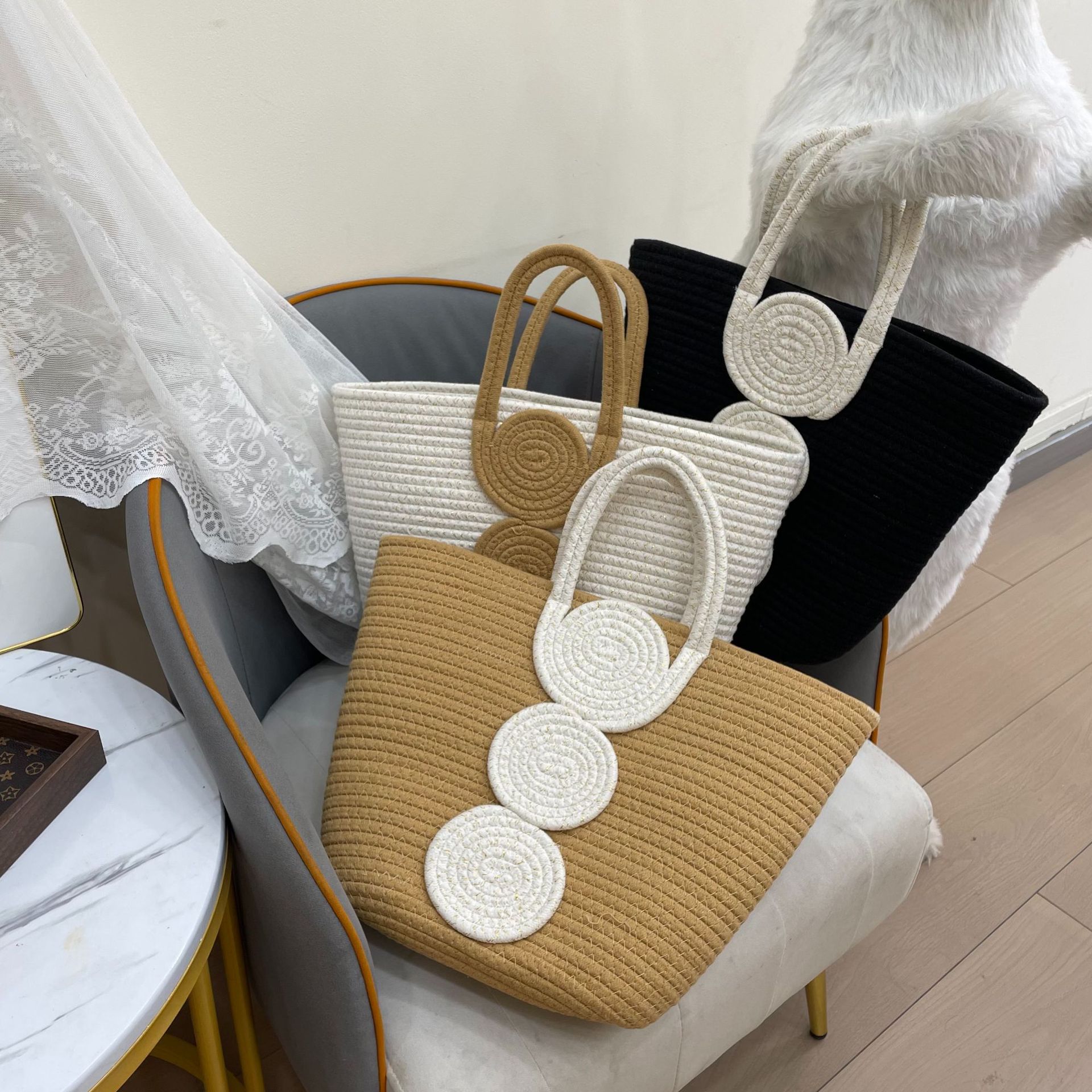 Bucket Shape Women's Cotton Rope Color Block Vacation Beach Streetwear Weave Bucket Zipper Straw Bag